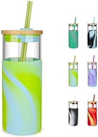 Tronco 20 oz Glass Tumbler with Lid and Straw, Iced Coffee Cup and Smoothie Cup with Bamboo Lids & Protective Silicone Sleeve, Dishwasher Safe, BPA-Free, Glass Cup 1 Pack