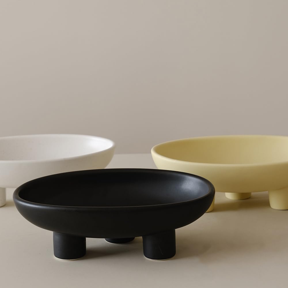 WENSHUO Three-Legs Ceramic Fruit Bowl for Kitchen Counter, Decorative Bowl for Table Décor, 10-inch Oval Large Bowls for Breads (Black)