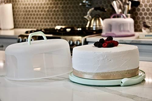 Round Cake Carrier Two Sided Cake Holder Serves as Five Section Serving Tray, Portable Fits 10 inch Cake, Box Comes With Handle, Container Holds Pies (Green)