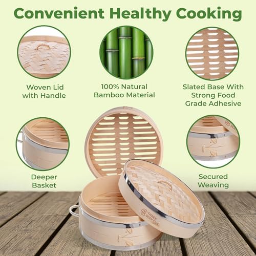 6 inch Dumpling Bamboo Steamer 2 Tier (Steel Reinforced) W/ 100PCS Liners - 2 Bamboo Steamer Basket & Lid, Dumpling Steamers For Food Cooking Steaming Bao Bun, Dim Sum Chinese Asian & Vegetables