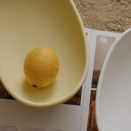 WENSHUO Three-Legs Ceramic Fruit Bowl for Kitchen Counter, Decorative Bowl for Table Décor, 10-inch Oval Large Bowls for Breads (Matte Yellow)