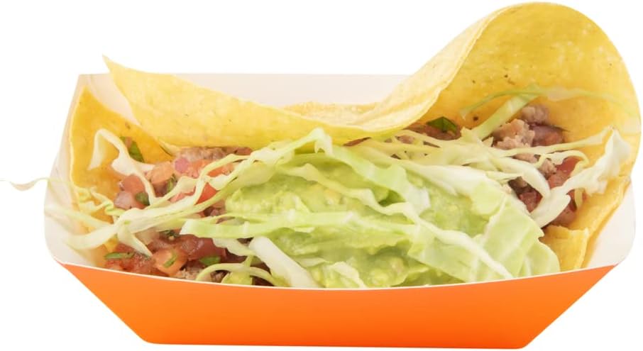 Restaurantware Bio Tek 6 Ounce Boat Paper Boats 50 Disposable #40 Food Trays - PE Lining Durable Tangerine Paper Food Baskets For Concession Stands Picnics or Fairs Stackable