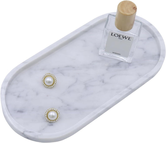 OOBOOB Oval Natural Marble Bathroom Tray for Decor Countertop, Marble Vanity Tray for Candles Perfume, Jewelry, Cosmetics, Elegant Vanity Organizer for Jewelry, Perfume