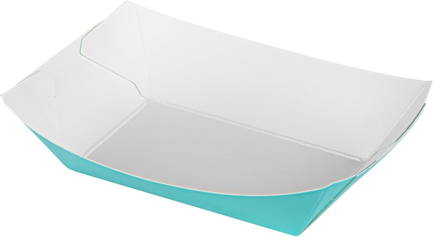 Restaurantware-Bio Tek 4 Ounce Paper Boats, 50 Disposable #25 Food Trays - PE Lining, Durable, Turquoise Paper Food Baskets, For Concession Stands, Picnics, or Fairs, Stackable