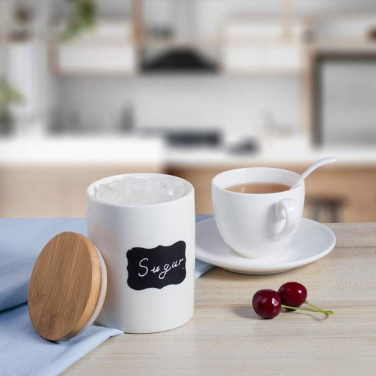 Lucky Goddness 10 fl oz Airtight Ceramic Sugar Bowl with Seal Bamboo Lid, Porcelain Sugar Container Food Storage Jar with Label for Coffee, Tea, Kitchen