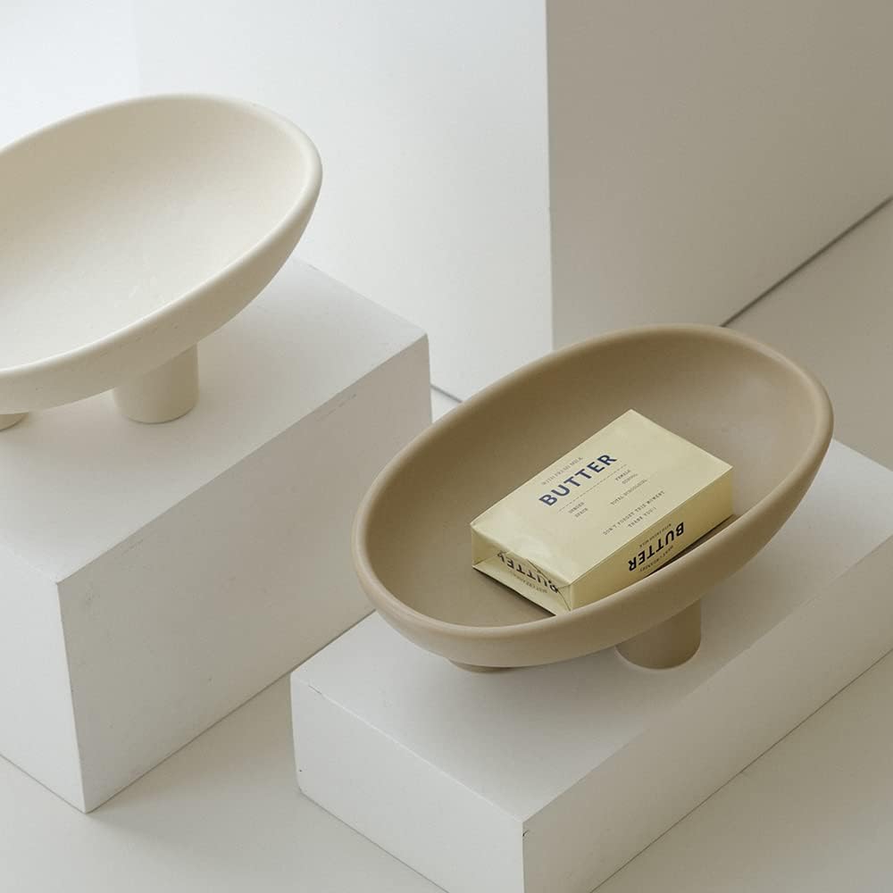 WENSHUO Three-Legs Ceramic Fruit Bowl for Kitchen Counter, Decorative Bowl for Table Décor, 10-inch Oval Large Bowls for Breads (Coconut Café)