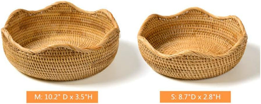 Handmade Rattan Round Fruit Basket Food Storage Bowls Kitchen Organizer Snack Serving Bowl 9 10 Inch Wavy Edge Circle Tray Basket with 3” Deep Wall, Boho Décor Display Tray Bowl (2-Size Kit)