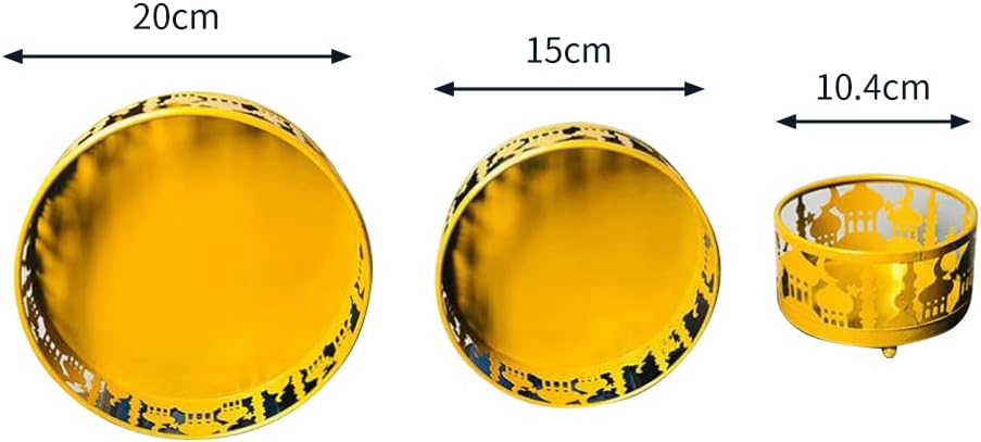 3PCS Ramadan Decoration Ramadan Trays, Ramadan Decor Metal Moon Ramadan Tray Set Eid Mubarak Plates Food Storage Containers Round Dinner Plate for Eid and Eid Al-adha Ramadan Activity Party Favor