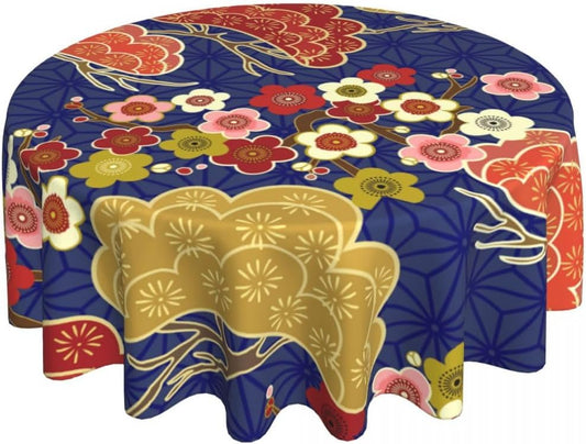 Cherry Blossom Tablecloth, Pink Floral Traditioanal Oriental Koi Vintage Asian Style Water Resisitant Wipeable Table Cover for Dining Kitchen Living Room Home Party Holiday Decor 70 inch Round