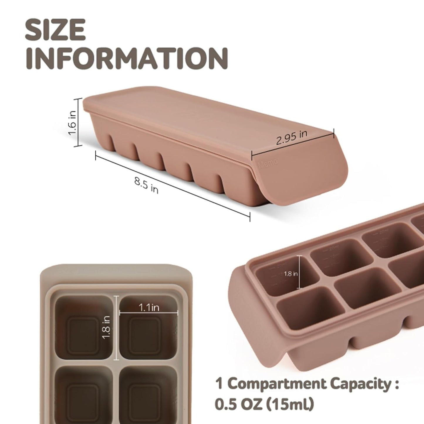 Silicone Ice Cube Freezer Tray with Lid, 100% Food-Grade Platinum Silicone,Leak Resistance & Dishwasher Safe for Baby Food Prep,Breast Milk,Purees - Korean Made (Brown 2-Pack 0.7 oz/12 Sections)