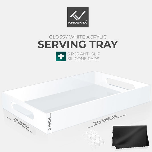 White Tray 20×12" with Cut Handles - Spill Proof Decorative Tray is an Ideal Countertop Organizer for Living Rooms, Ottoman Coffee Tables, Offices, Kitchens & Serving Guests