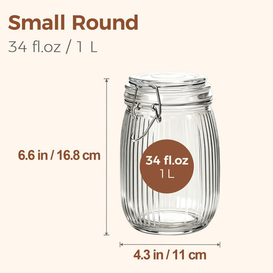 ComSaf Airtight Glass jar with lid 34oz Set of 3, Glass Storage Containers with Lids, Glass Canisters, Striped Clip Fastening Jar for Kitchen Canning, Tea, Pasta, Sugar, Beans, Cookie, Jam, Oat