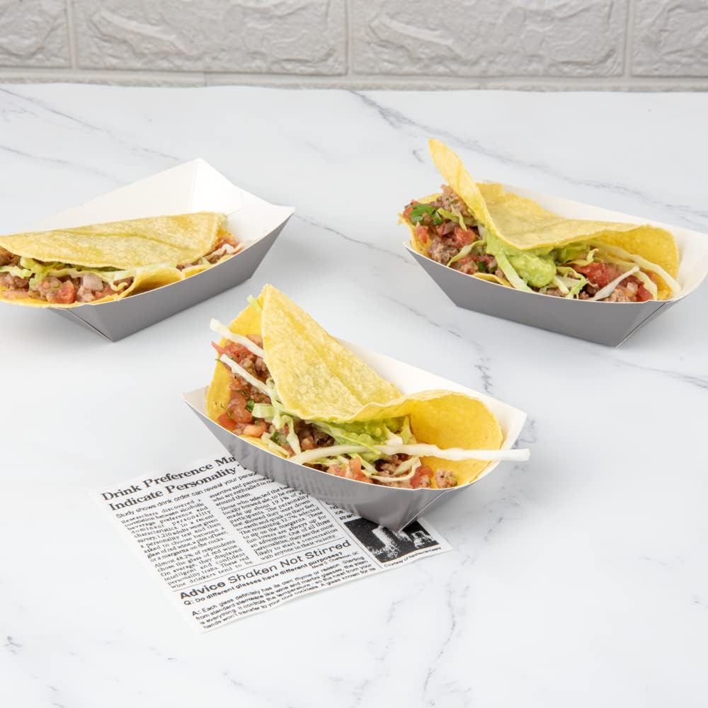 Restaurantware Bio Tek 6 Ounce Boat Paper Boats 50 Disposable #40 Food Trays - PE Lining Durable Gray Paper Food Baskets For Concession Stands Picnics or Fairs Stackable