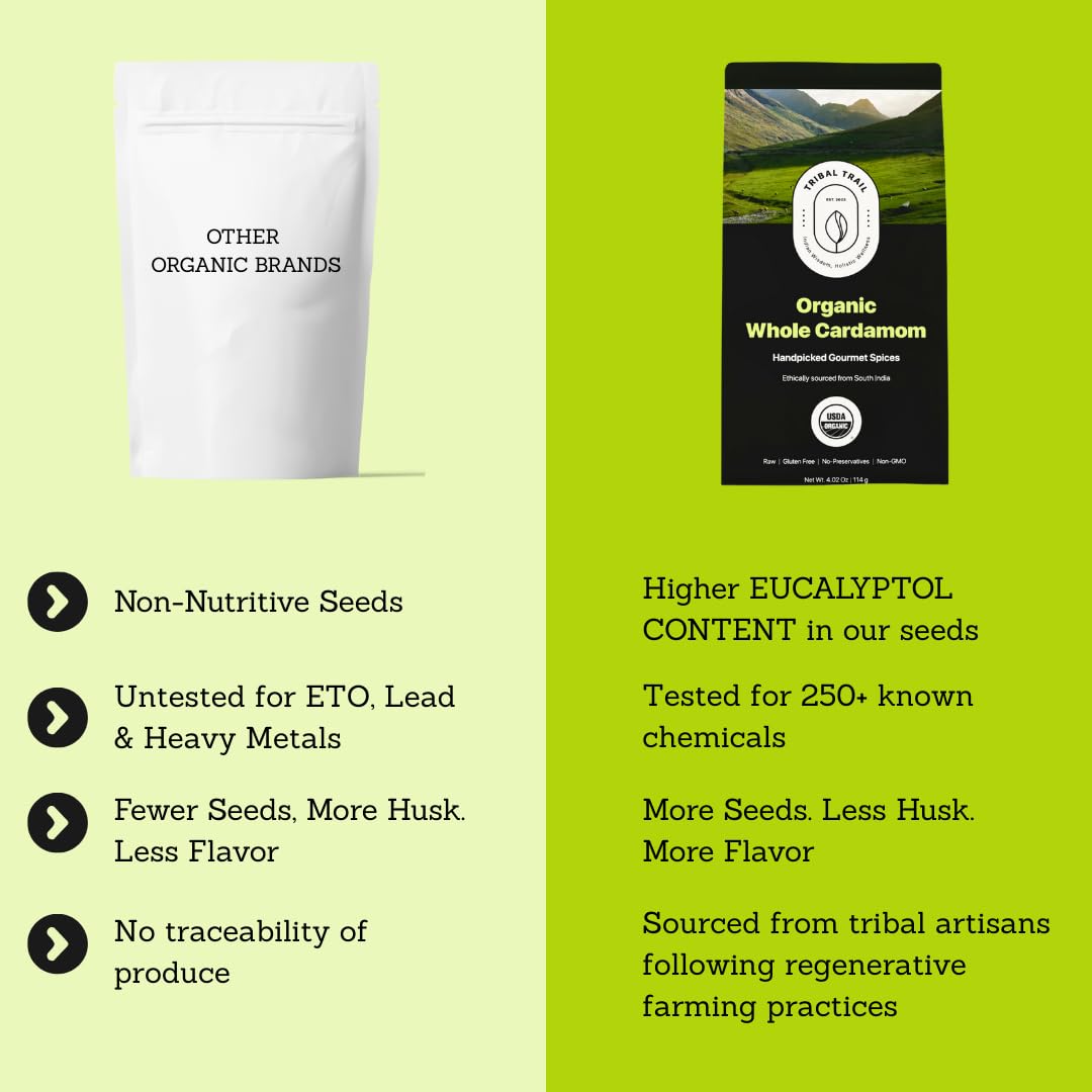 Tribal Trail Organic Green Cardamom Pods (8 mm Bold) | 4.02 oz | USDA Organic & Non-GMO | Ethically Sourced Spices from South India | Recyclable Kraft Bags | Best for Tea, Coffee & Baked Goods