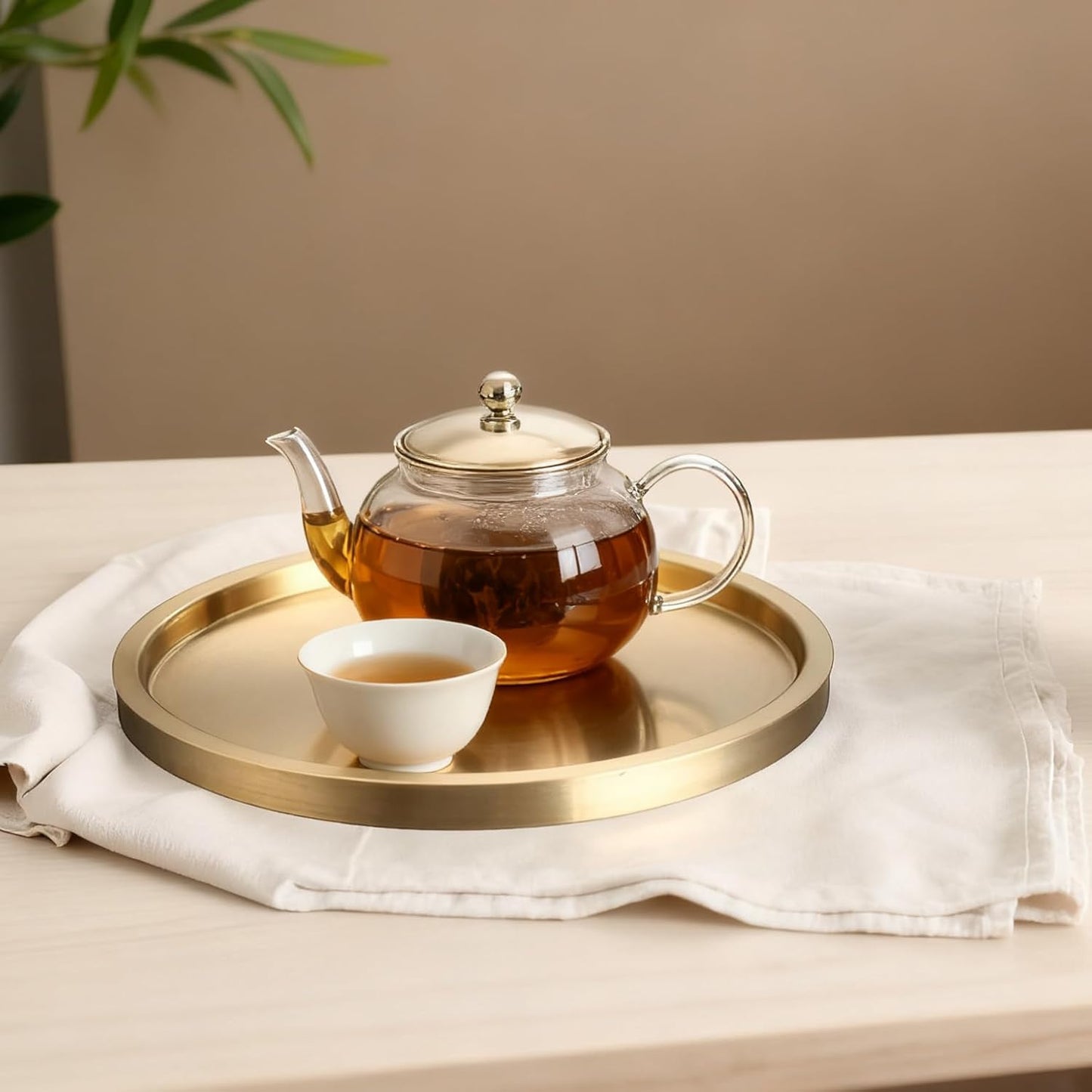 Stainless Steel Round Bar Serving Tray 12.5",Double Wall,Ideal Coffee Table, Decorative,Rotisserie Plate, Tea and Bathroom Serving,Gold