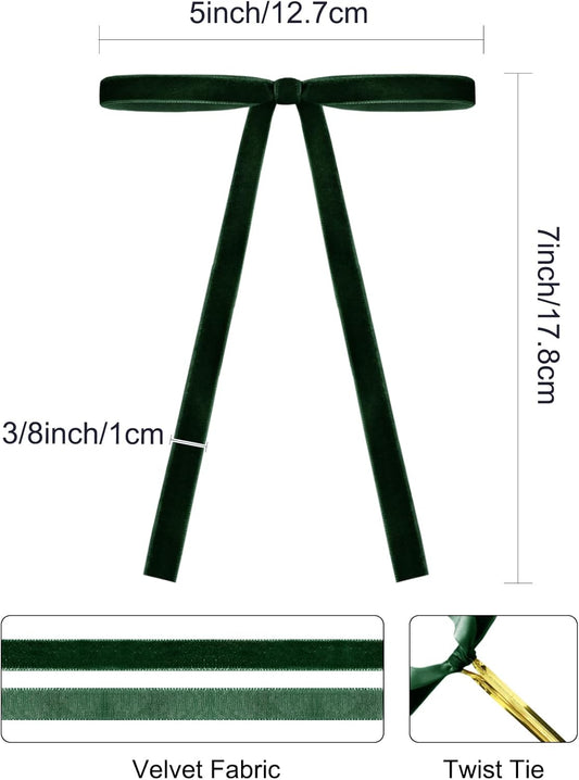 SIMISI RIBBON 24Pcs Green Christmas Velvet Ribbon Bows Decorations Xmas Ornaments Vintage Decor for Tree, Wreath, Garland (3/8'' Width, 5 * 7 inch)