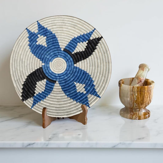 Handwoven African Basket Handmade sisal Fruit Bowl Wall Hanging decorative Baskets for Home Living Room Kitchen Centerpiece Zen Designs Arts and Crafts (Natural Blue Black, 8in diameter)