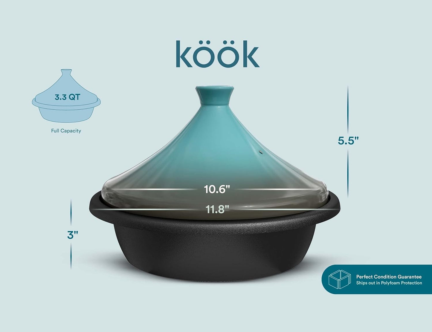 KooK Moroccan Tagine, Enameled Cast Iron Cooking Pot, Tajine with Ceramic Cone-Shaped Closed Lid, 3.3 QT, (Stone Blue)