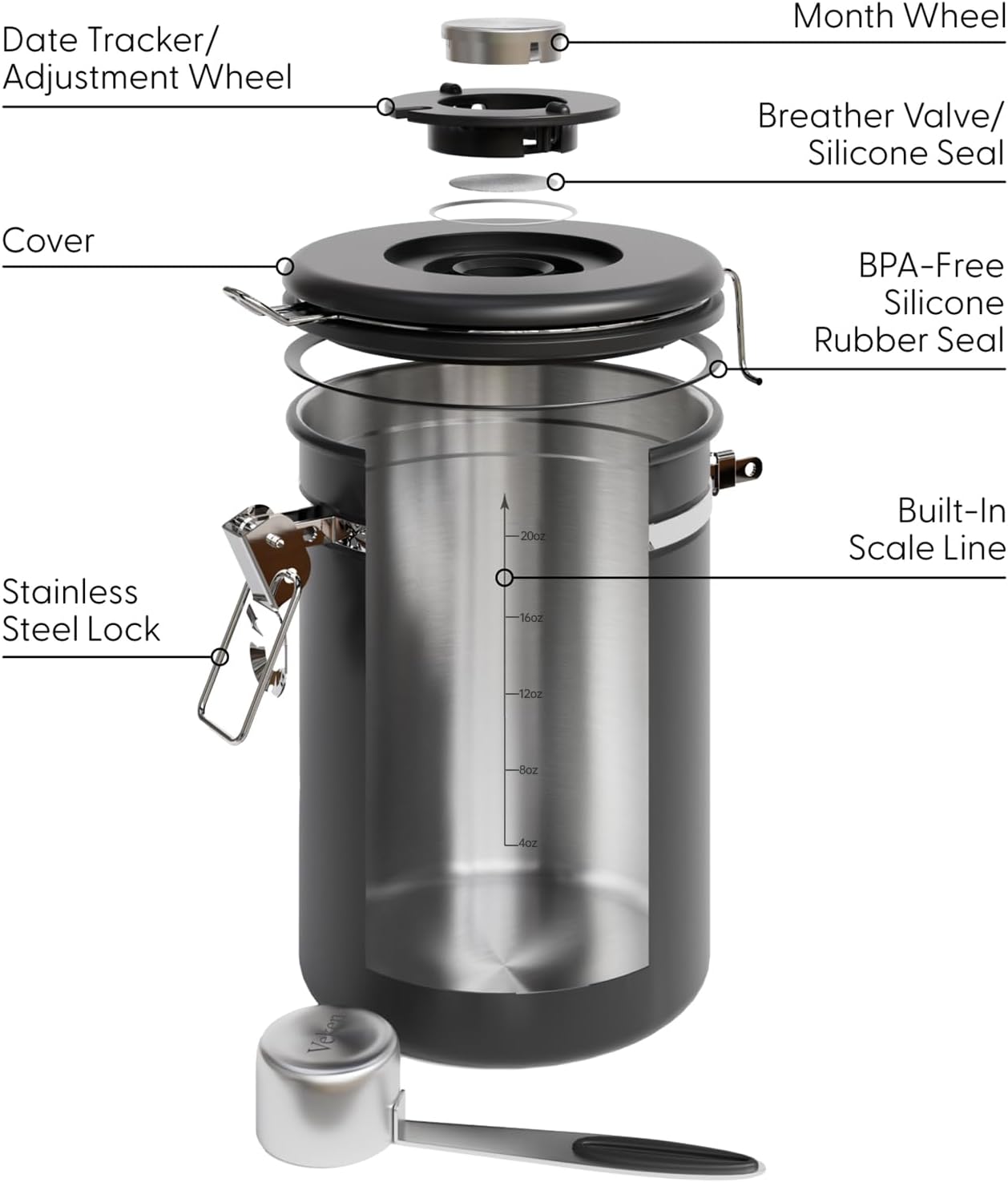 Veken Coffee Canister with Window,Airtight Stainless Steel Pantry Container,Home Kitchen Food Storage Organizers for Ground,Beans,Espresso,Rice,Tea,Sugar,Cereal, Flour,Bar Accessories,Gifts,22OZ,Black