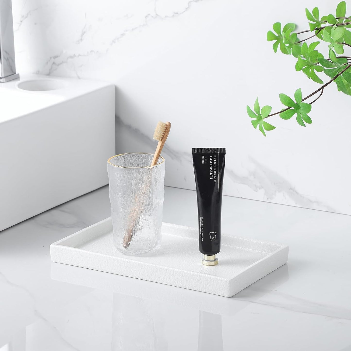 Bathroom Vanity Tray - 11'' Ceramic Rough-Textured Rectangle Countertop Tray, Heavy-Duty Perfume Organizer Plate, Jewelry Ring Tray, Kitchen Soap Dispenser Stone Trays, White