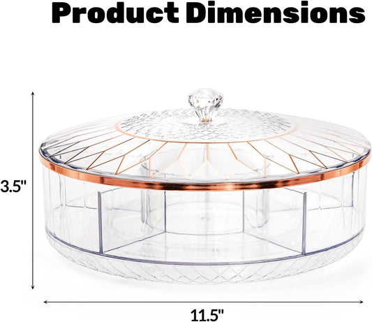AVLA Rotating Snack Tray with Lid, 11.5" Plastic Divided Serving Dishes, Round Appetizer Platter, 6 Compartments Food Storage Organizer for Dried Fruits, Nuts, Candies, Veggie, Cookies(Clear)