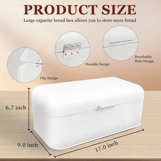 ENLOY Extra Large White Bread Box for Countertop, Stainless Steel Bread Storage Bin, Vintage Bread Box, Large Capacity Bread Keeper Holds Large Loaves