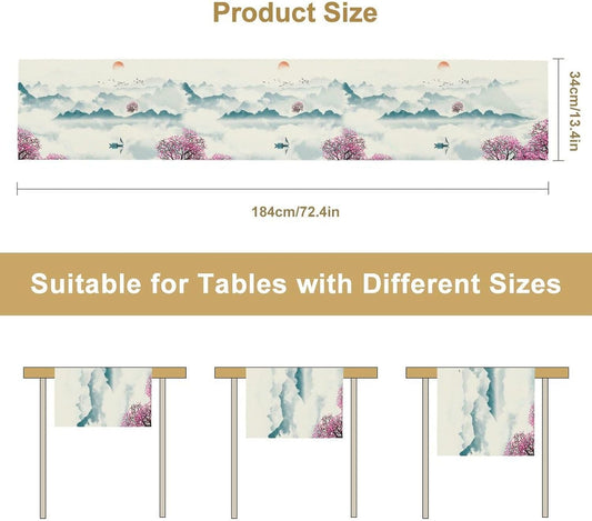 Asian Landscape Table Runner, Cherry Tree Chinoiserie Vintage Ink Wash Pink Blue Setting Sun Table Runner for Kitchen Home Party Dining Table Decor 13x120 Inch