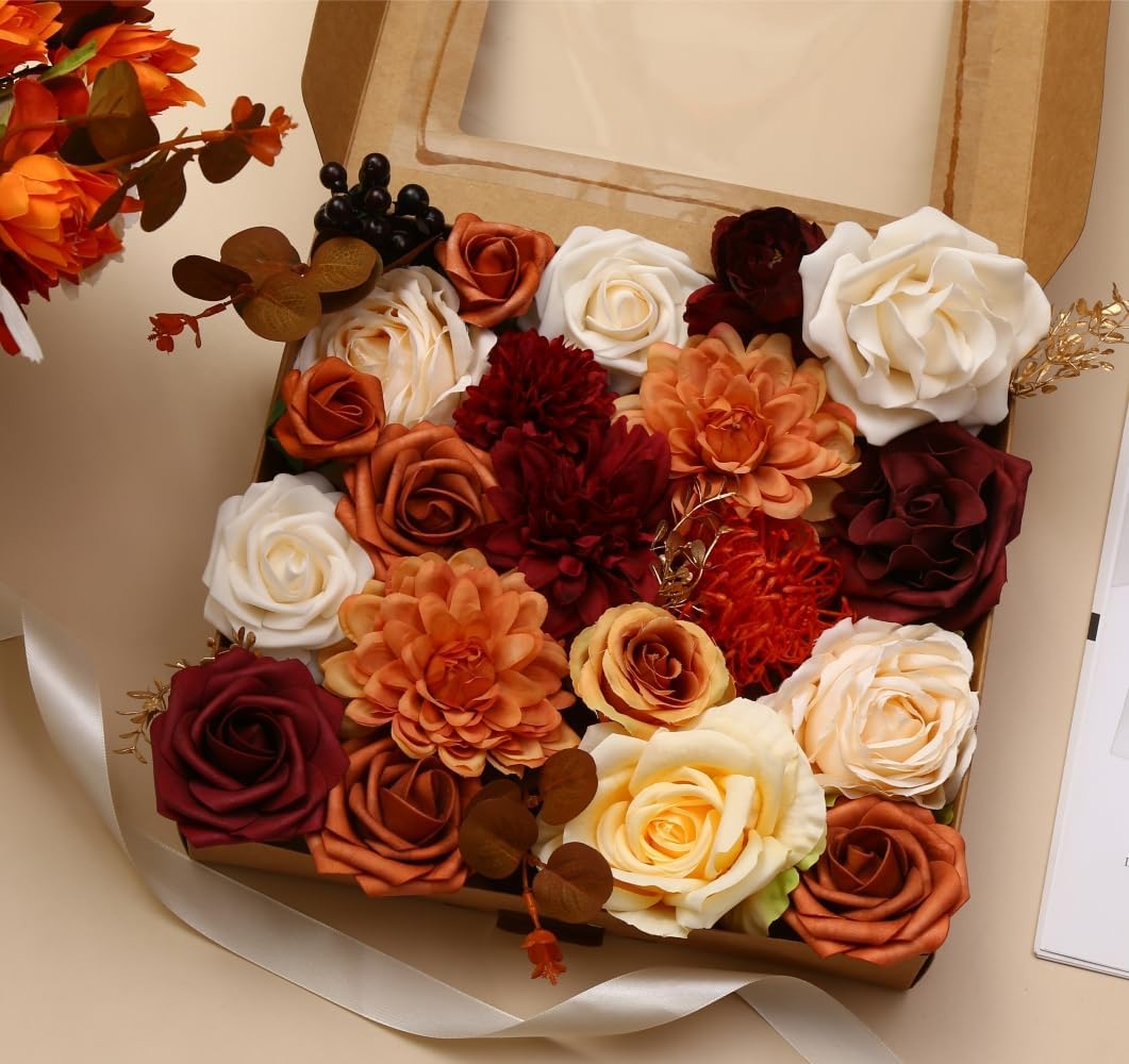 Artificial Flowers Combo Box for DIY Wedding Bouquet Arrangement, Silk Faux Flower for Bridal Table Centerpieces Party Cake Baby Shower(Orange & Burgundy)