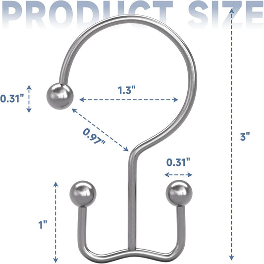 Titanker Shower Curtain Hooks Chrome, Minimalist Simple Double Glide Shower Curtain Rings, Rust Proof Metal Shower Hooks Rings for Bathroom Shower Rods Curtains, Set of 12 Hooks