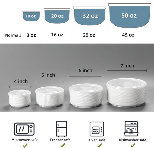 Ceramic Nesting Bowls with Lids: Mixing Bowls with Lids - Porcelain Food Storage Containers For Prep and Serving, Microwavable Kitchen Bowl Set of 4, 50/32/20/10 oz (White)
