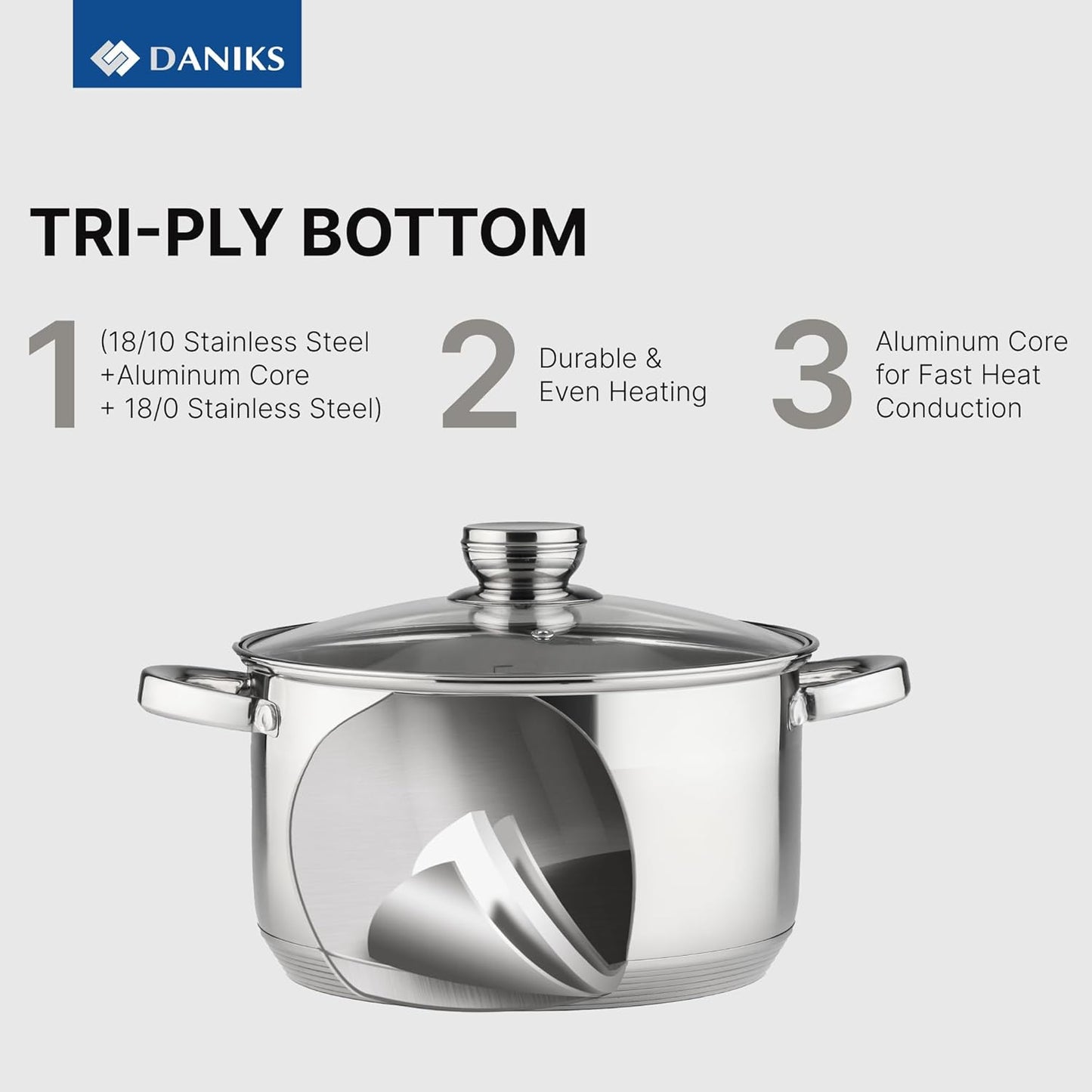 Daniks Standard 9-Piece Stainless Steel Induction Cookware Set, Saucepan, Dishwasher Safe Pots, Measuring Scale, Glass Lids, For Soup, Pasta, Stew, Silver