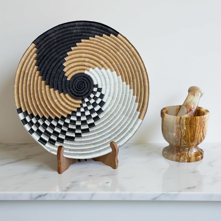 Handwoven African Basket Handmade sisal Fruit Bowl Wall Hanging decorative Baskets for Home Living Room Kitchen Centerpiece Zen Designs Arts and Crafts (Swirl Black Tan, 12in diameter)