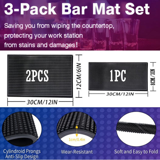 WANGCHAO Bar Mat Set - 8mm Thick Anti-Skid Non-Toxic Rubber Bar Mat for Home Bar, Countertop, Restaurants, Coffee Bar Mat - Premium Rubber Bar Service Spill Mat (3 pack) (2PCS12 "x 6" +12 "x 3")