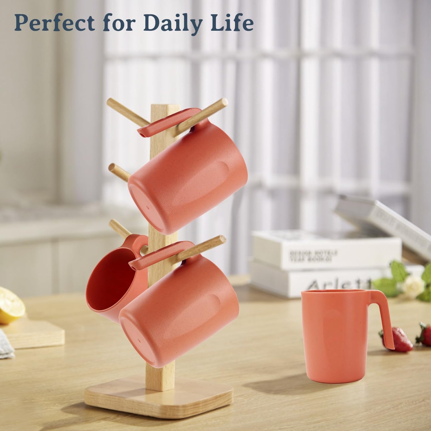 Wrova 16oz Wheat Straw Cups with handles set of 6-Plastic Cups Reusable-Unbreakable Kids Mugs-Dishwasher Safe & Microwave Safe-Ideal Plastic Mugs for Tea,Coffee,Camping,RV-Orange