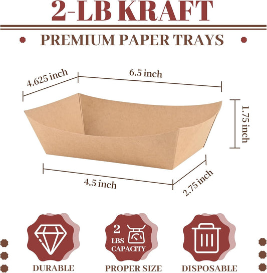 Ocmoiy 2lb Paper Food Trays, 100 Pack Heavy Duty Kraft Food Boats Holders Disposable Serving Basket Trays for Hot Dog, Nachos, Tacos, Fries, BBQ, Festivals, Party