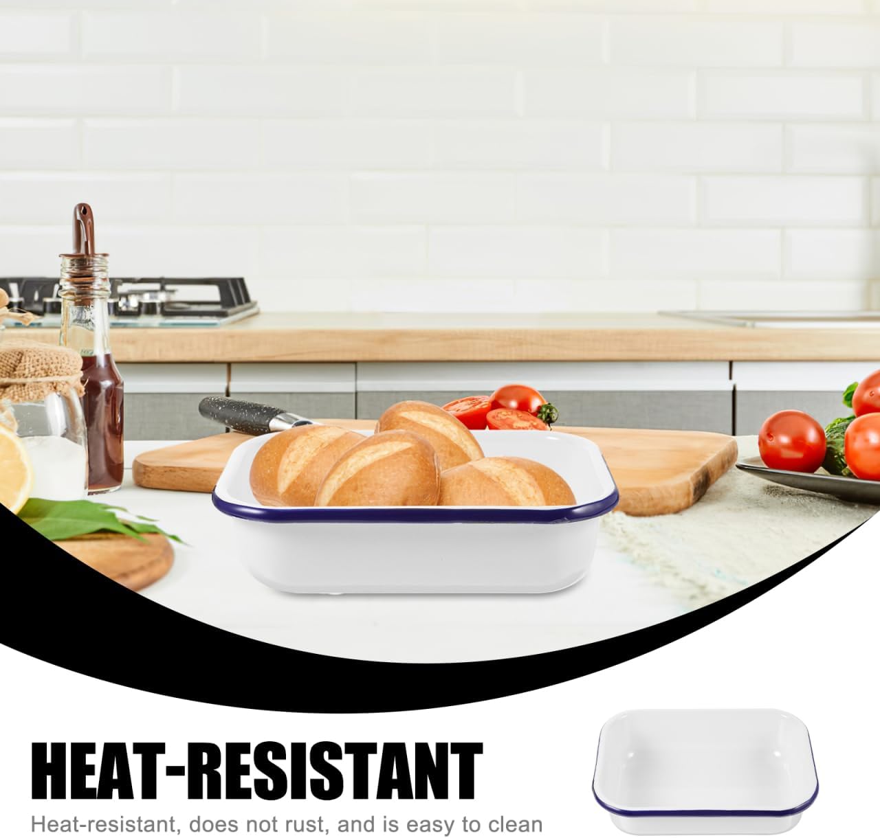 PRETYZOOM Enamel Baking Pan Small Enameled Bakeware Tray for Bread and Food Storage 8.66X6.29X2.16 Inch Blue Rim Heat-Resistant Loaf Pan
