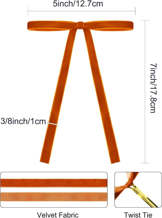 SIMISI RIBBON 24Pcs Orange Christmas Velvet Ribbon Bows Decorations Xmas Ornaments Vintage Decor for Tree, Wreath, Garland (3/8'' Width, 5 * 7 inch)