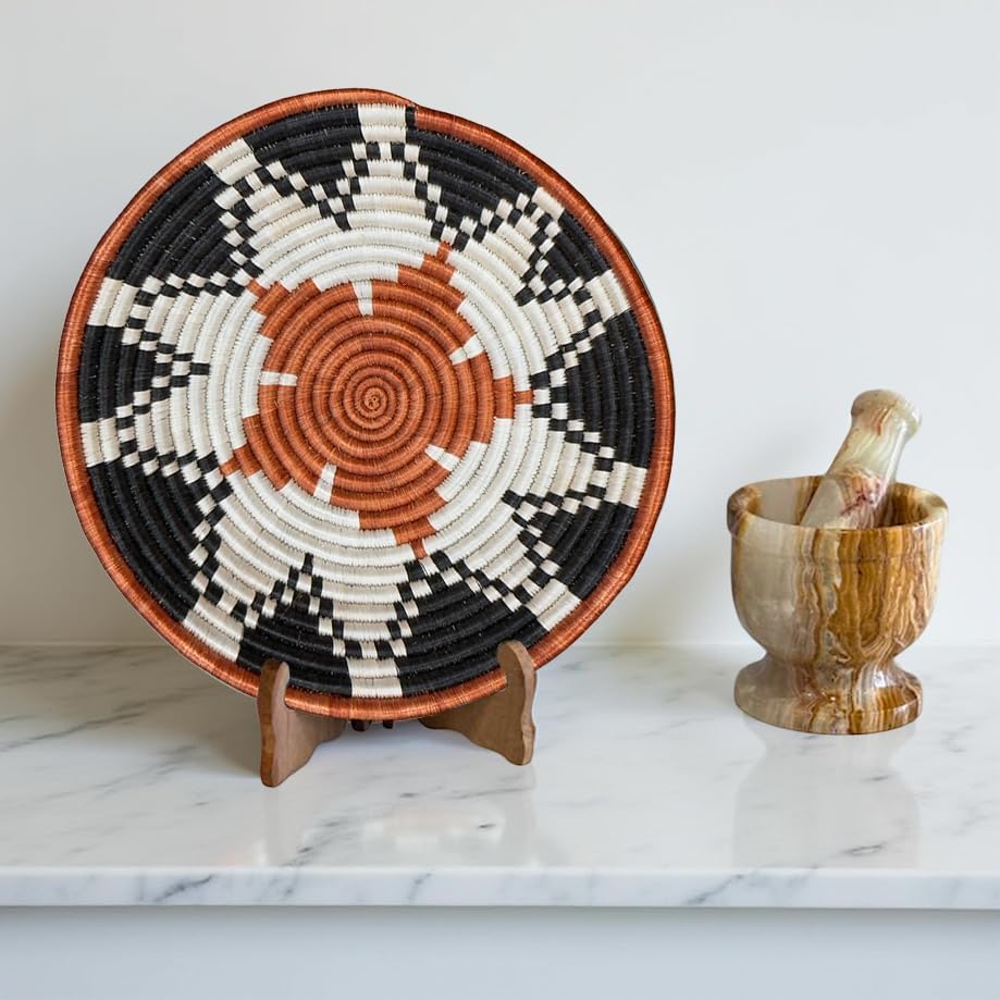 Handwoven African Basket Handmade sisal Fruit Bowl Wall Hanging decorative Baskets for Home Living Room Kitchen Centerpiece Zen Designs Arts and Crafts (Red Black Natural, 8in diameter)