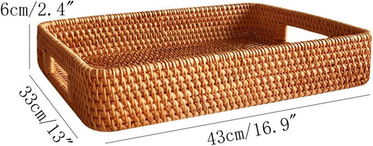 i-lan 17 Inch Oversize Handmade Rectangular Serving Trays with Cutout Handles and 2.3” Wall,Decorative Rattan Woven Storage Baskets Organizer Plate Tray for Bread,Fruits,Catch All Dish,XL,Brown