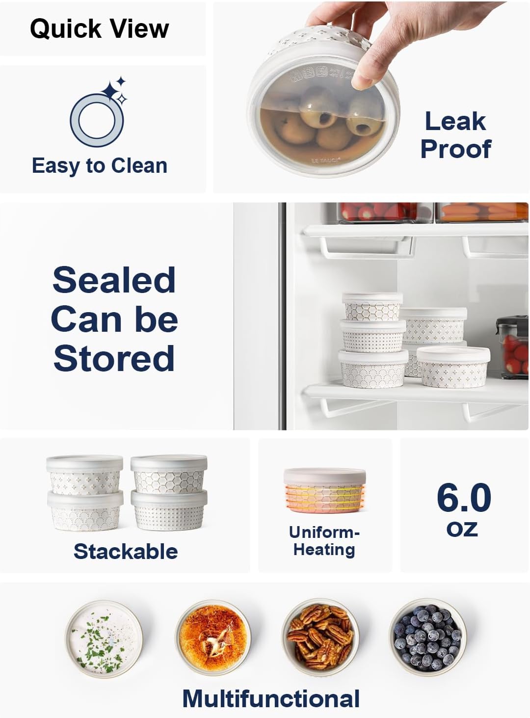 LE TAUCI Ramekins Oven Safe with Lids, 6 oz Ramikin Set for Creme brulee, Souffle, Dipping Sauces, Ceramic Food Storage Containers, Baking Dishes - 4.2 inch, Set of 4, Arctic White