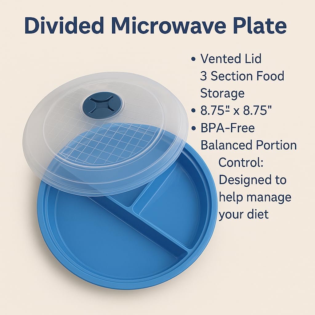 4-Pack Divided Microwave Plates with Vented Lids – BPA-Free, Stackable Meal Prep Plates – 3 Section Food Storage – Microwave, Freezer & Dishwasher Safe – 8.75” x 8.75”