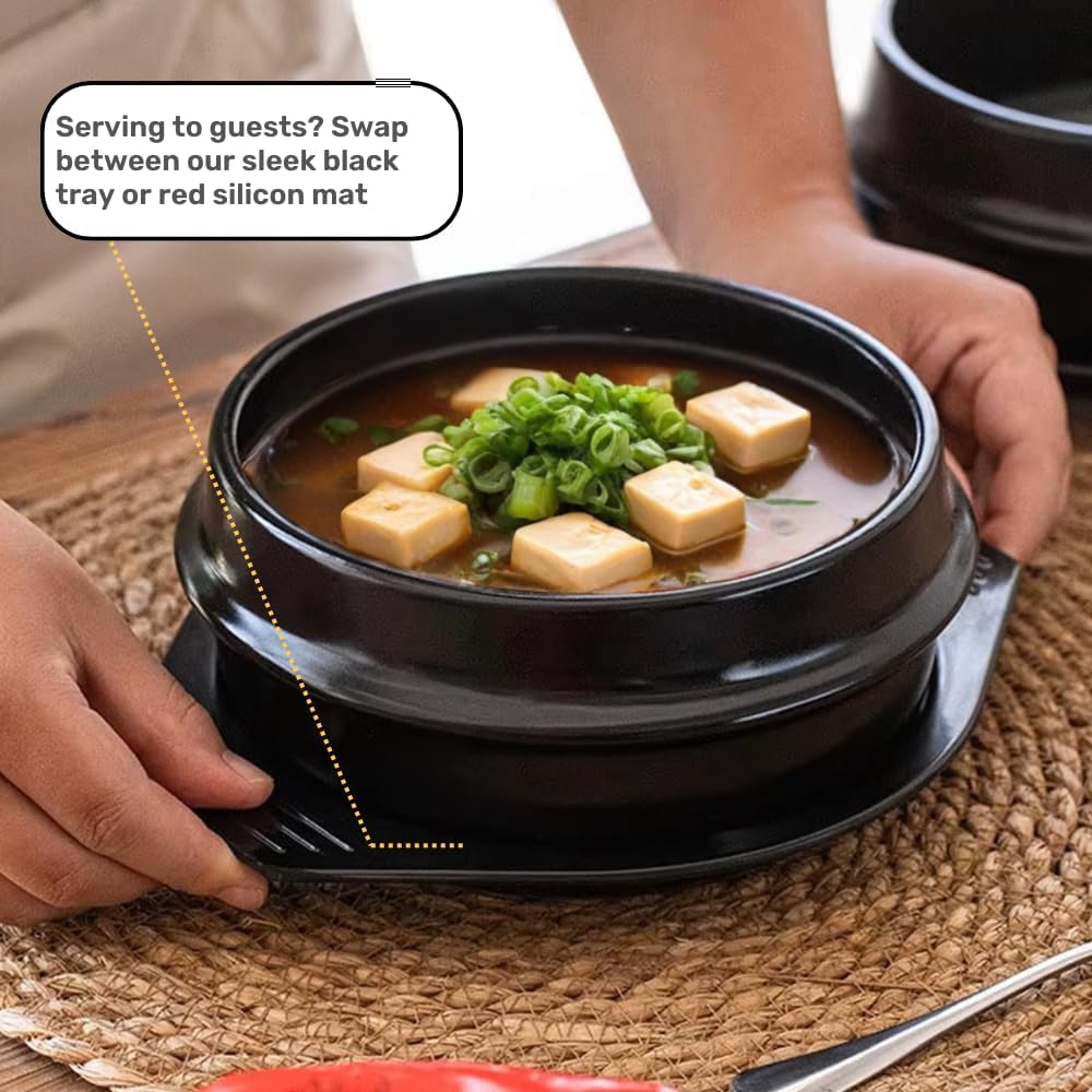 Korean Stone Pot Set (7-piece, 38.7oz with Hot Pot Grip), Ttukbaegi, Dolsot, Korean Soup Bowl, Ceramic Pots for Cooking, Soup Pot, Earthenware Claypot, Bibimbap, Ramen