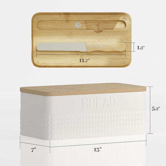 Bread Box for Kitchen Countertop - Metal Bread Storage with Bamboo Cutting Board Lid & Bread Knife, Corner Bread Container for Homemade Bread and Toast, White