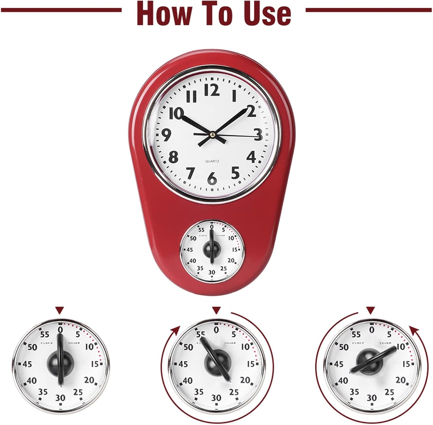 Tyenaza Retro Wall Clock, Vintage Kitchen Clocks, Hanging Clock Home Kitchen Timer Room Decoration Red for Indoor Living Room