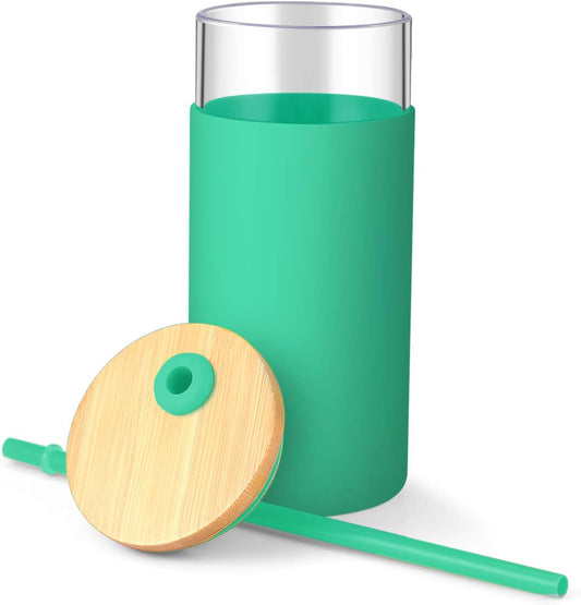 Tronco 20 oz Glass Tumbler with Lid and Straw, Iced Coffee Cup and Smoothie Cup with Bamboo Lids & Protective Silicone Sleeve, Dishwasher Safe, BPA-Free, Glass Cup 1 Pack