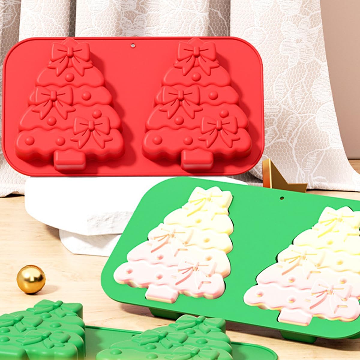 2 Pack Christmas Tree Silicone Molds 2 Cavity Chocolate Molds for Baking 3D Christmas Cake Mold Holiday Candle Resin Mold Xmas Pine Tree Soap Ice Cube Jello Mold for Festival Home Party