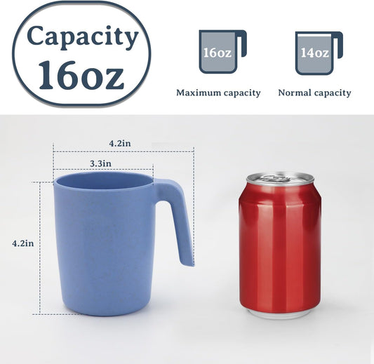 Wrova 16oz Wheat Straw Cups with handles set of 6-Plastic Cups Reusable-Unbreakable Kids Mugs-Dishwasher Safe & Microwave Safe-Ideal Plastic Mugs for Tea,Coffee,Camping,RV-Sky Blue