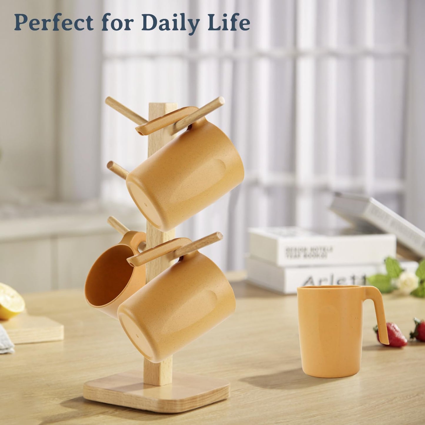 Wrova 16oz Wheat Straw Cups with handles set of 6-Plastic Cups Reusable-Unbreakable Kids Mugs-Dishwasher Safe & Microwave Safe-Ideal Mugs for Tea,Coffee,Camping,RV-Banana Yellow