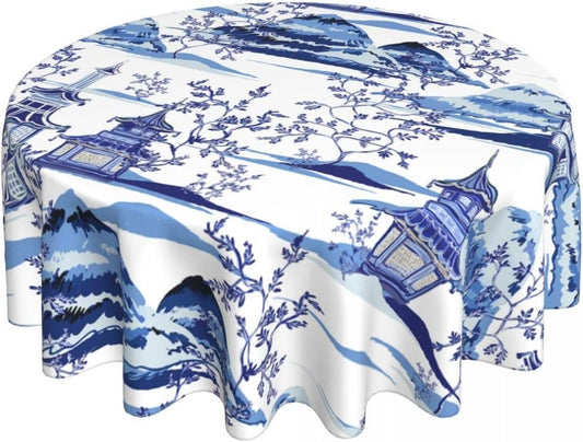 Japanese Tablecloth, Blue Traditional Vintage Landscape Oriental Temple Chinoiserie Water Resisitant Wipeable Table Cover for Dining Kitchen Living Room Home Party Holiday Decor 36 inch Round