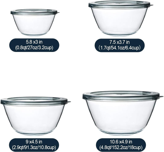 M MCIRCO Glass Mixing Bowls with Lids, 4 Packs Glass Bowl Set, Nesting Bowls for Meal Prep, Food Storage, Bowls For Cooking, Baking, BPA-Free, 0.8/1.7/2.9/4.8 Qt
